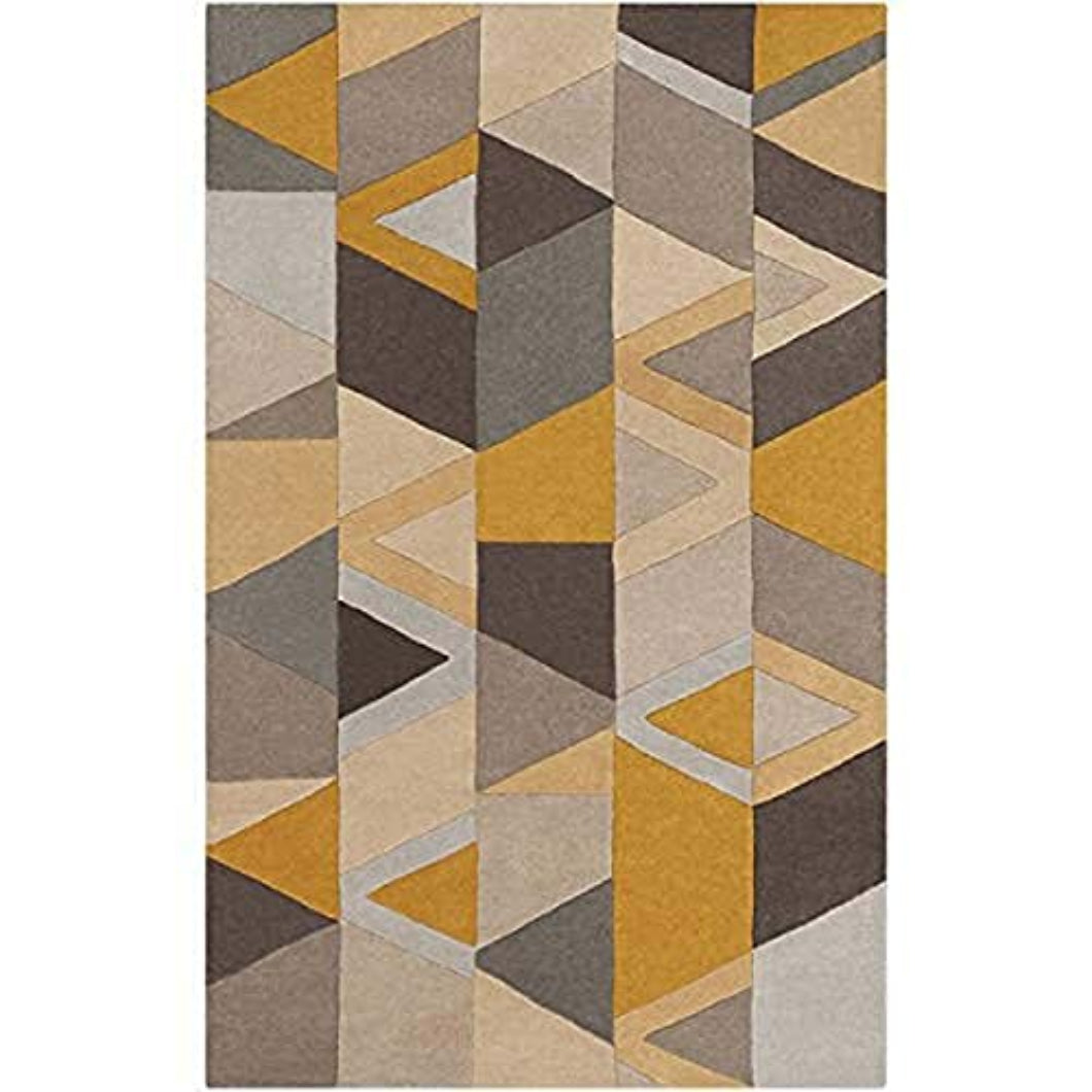 A rectangular area rug with a modern geometric pattern of stacked 3D cube shapes in shades of mustard yellow, taupe, brown, and beige, shown flat against a white background.