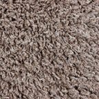Close-up of a shaggy, curly carpet or rug texture in a warm taupe-brown color.