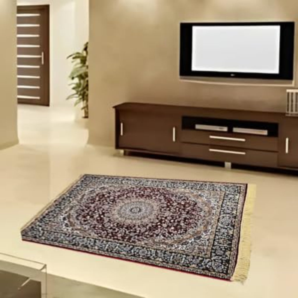 A rectangular traditional-style area rug with a detailed central medallion and fringe, shown on a light-colored floor in a modern living room setting with a TV stand and wall-mounted TV.