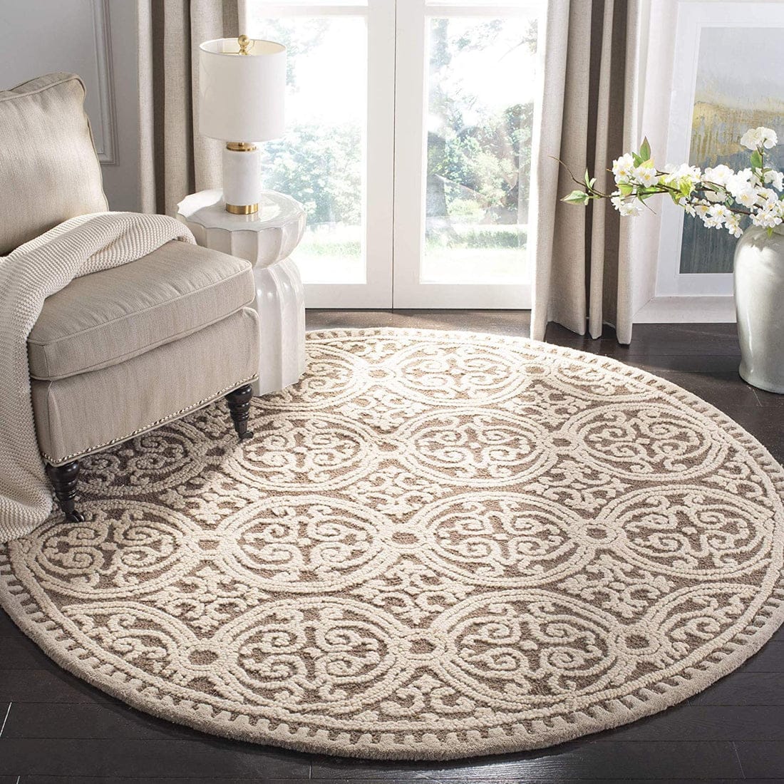 Regal Scroll Round Hand Tufted Wool Carpet – Ivory & Taupe-4x6
