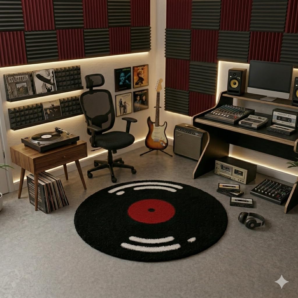 Round Vinyl Record Shaggy Rug, High-Pile Ultra Soft Fluffy, Black and Cream