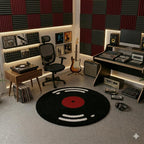 Round Vinyl Record Shaggy Rug, High-Pile Ultra Soft Fluffy, Black and Cream
