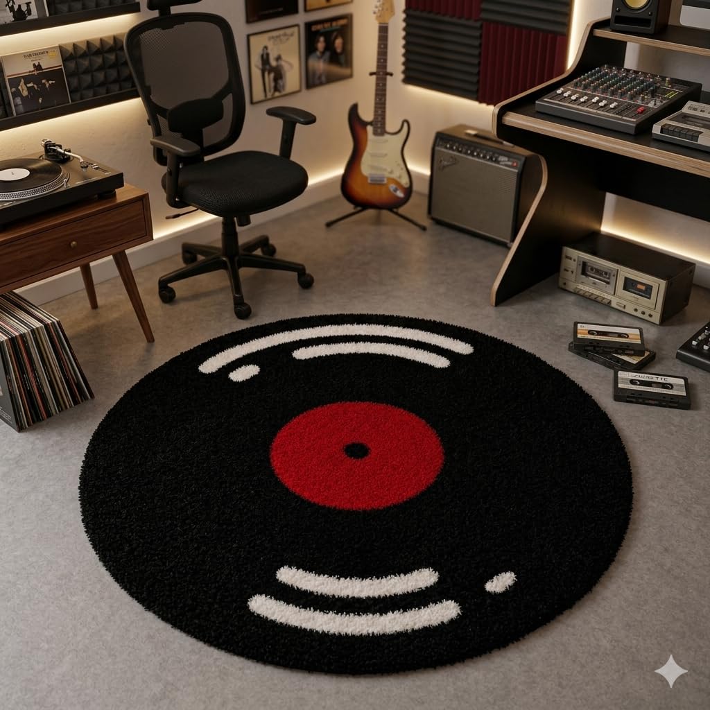 Round Vinyl Record Shaggy Rug, High-Pile Ultra Soft Fluffy, Black and Cream