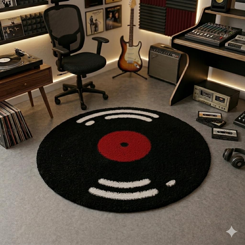Round Vinyl Record Shaggy Rug, High-Pile Ultra Soft Fluffy, Black and Cream