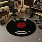Round Vinyl Record Shaggy Rug, High-Pile Ultra Soft Fluffy, Black and Cream