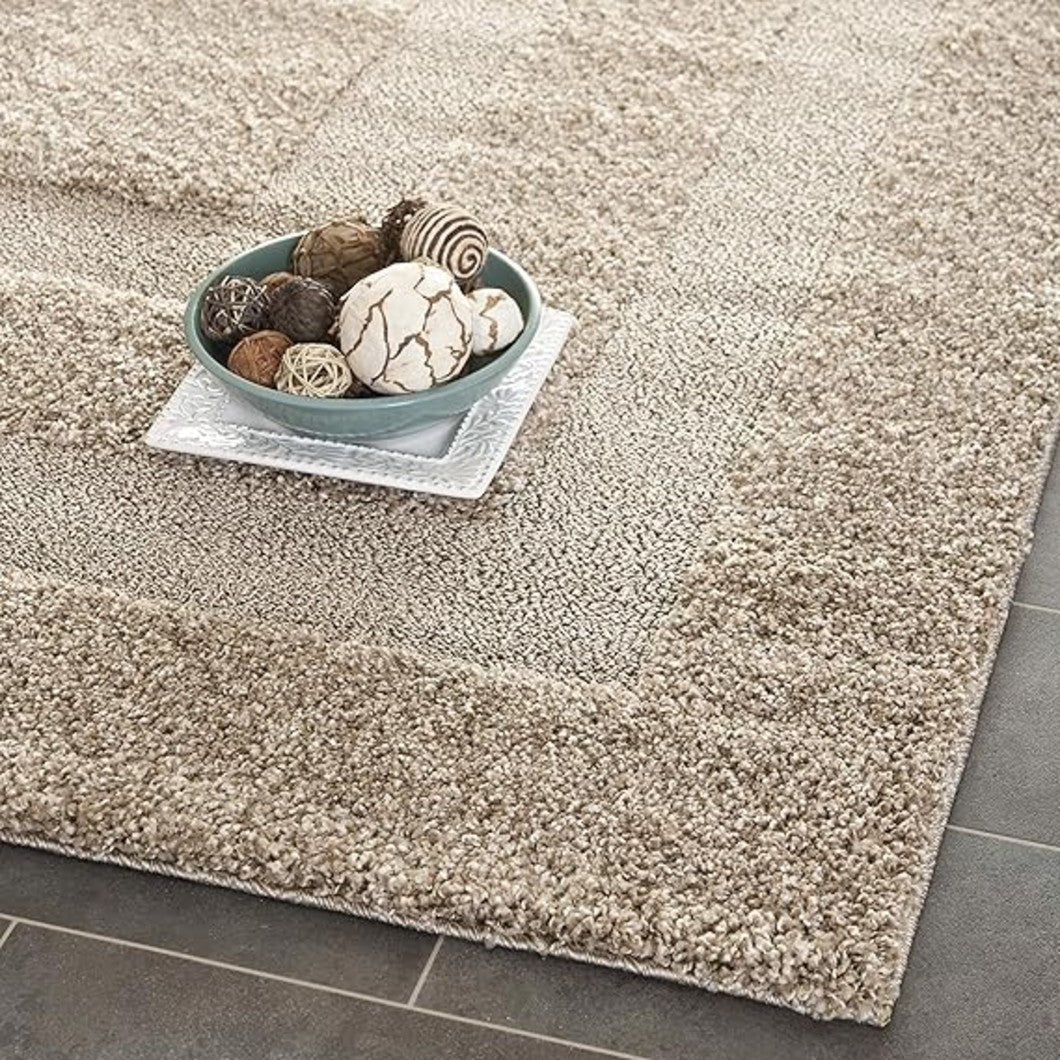 A close-up of a beige shag area rug with a textured border, styled with a small bowl of decorative seashells on a white tray, placed on dark gray floor tiles.