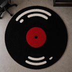 Round Vinyl Record Shaggy Rug, High-Pile Ultra Soft Fluffy, Black and Cream