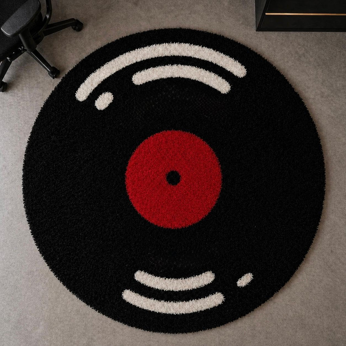 Round Vinyl Record Shaggy Rug, High-Pile Ultra Soft Fluffy, Black and Cream