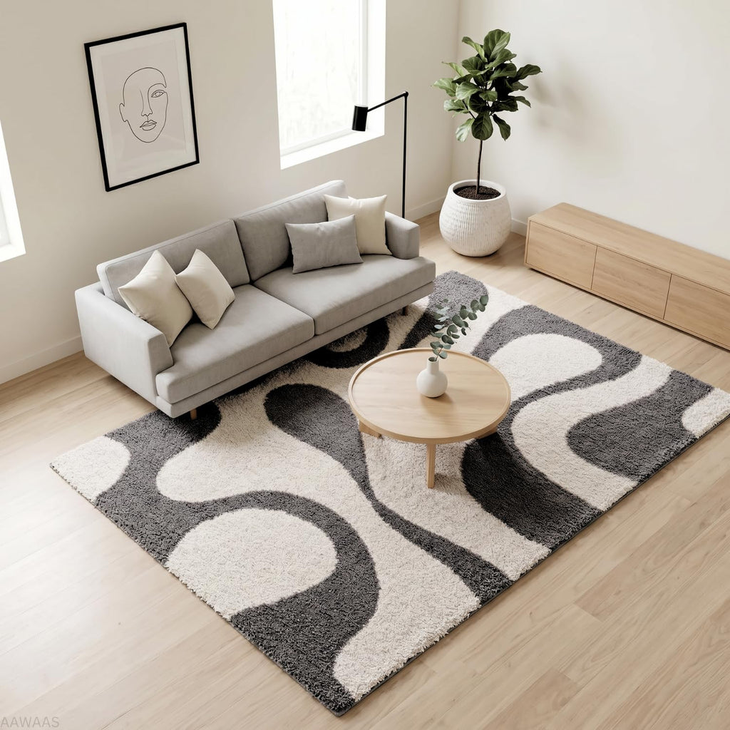 Luxury Abstract Mat High-Pile Polyester Microfiber Brown & White Shaggy Carpet