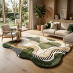 Soft Microfiber Area | Modern Irregular Abstract Olive Green Beige & Ivory Plush Shaggy Carpet