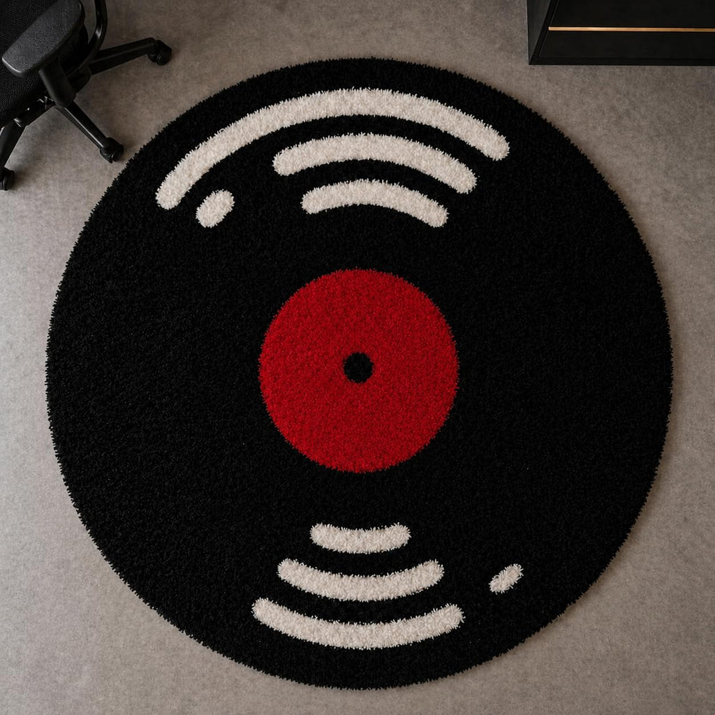 Round Vinyl Record Shaggy Rug, High-Pile Ultra Soft Fluffy, Black and Cream