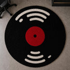 Round Vinyl Record Shaggy Rug, High-Pile Ultra Soft Fluffy, Black and Cream