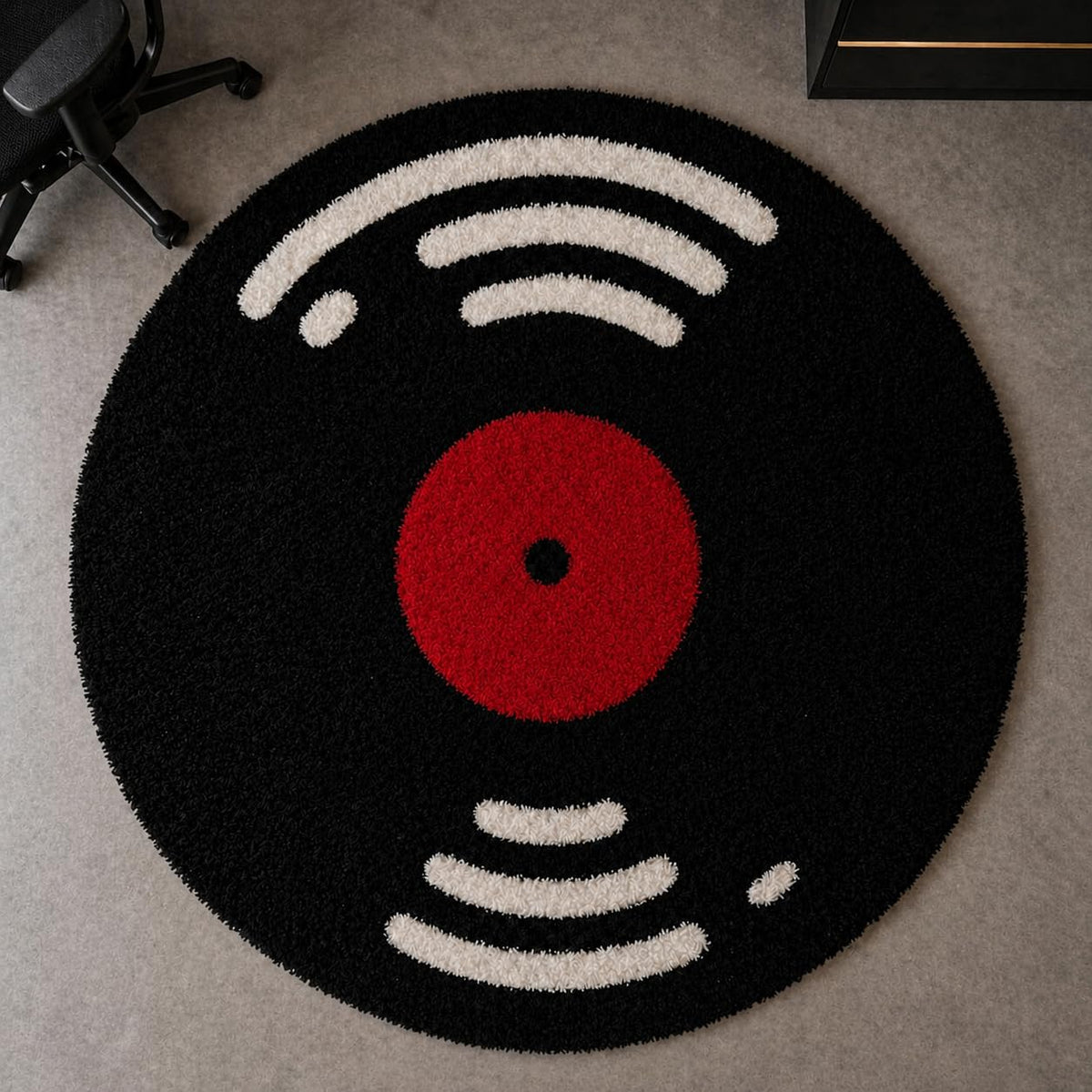 Round Vinyl Record Shaggy Rug, High-Pile Ultra Soft Fluffy, Black and Cream