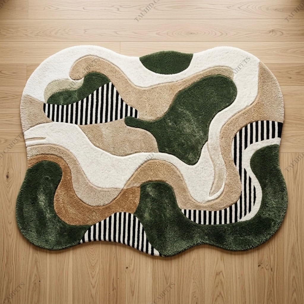 Soft Microfiber Area | Modern Irregular Abstract Olive Green Beige & Ivory Plush Shaggy Carpet