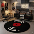 Round Vinyl Record Shaggy Rug, High-Pile Ultra Soft Fluffy, Black and Cream