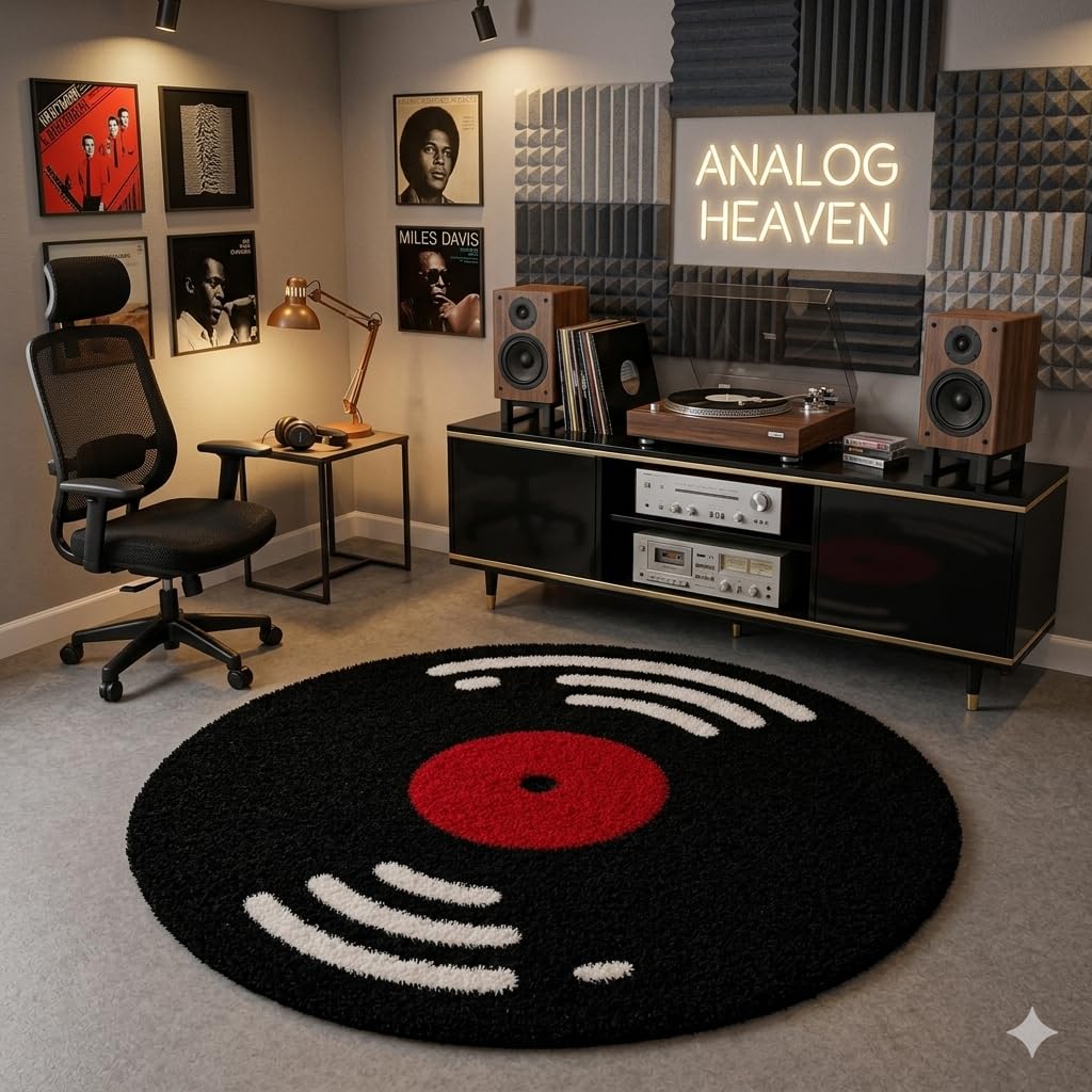 Round Vinyl Record Shaggy Rug, High-Pile Ultra Soft Fluffy, Black and Cream