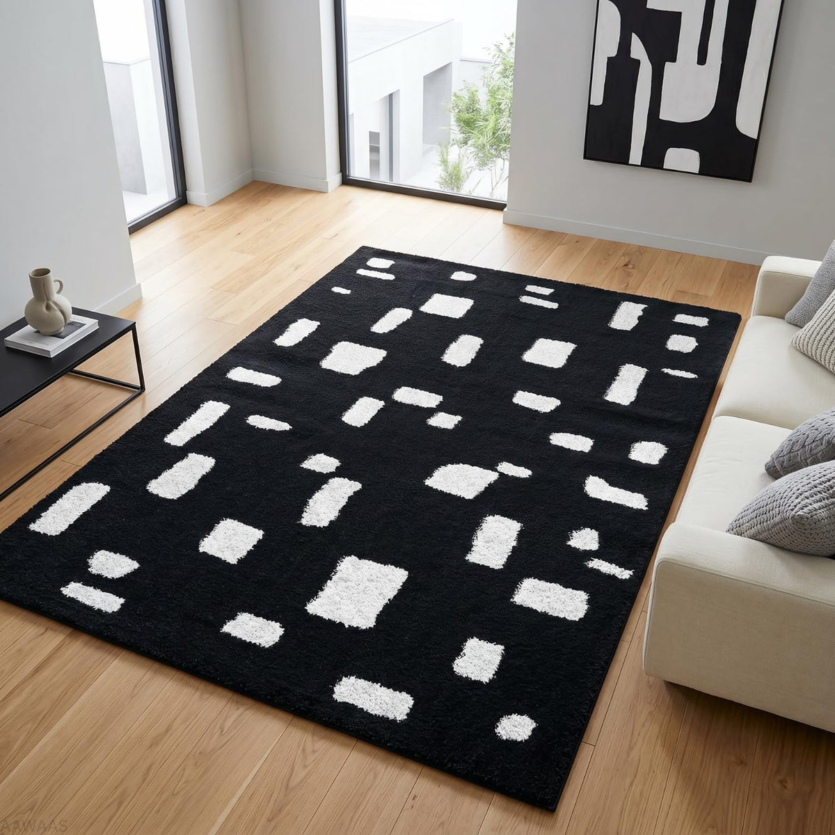Luxury Abstract Mat High-Pile Polyester Microfiber Black white Shaggy Carpet