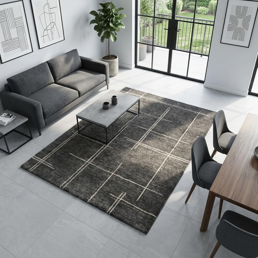 Luxury Abstract Mat High-Pile Polyester Microfiber Black Beige Shaggy Carpet