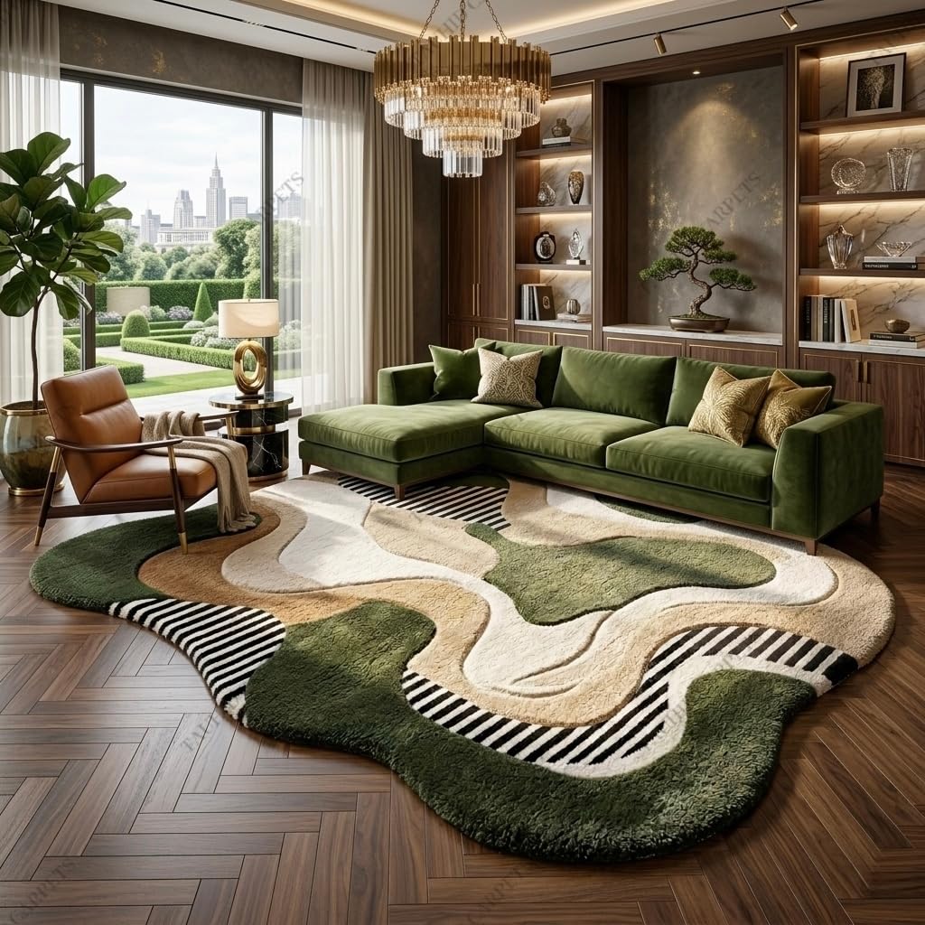 Soft Microfiber Area | Modern Irregular Abstract Olive Green Beige & Ivory Plush Shaggy Carpet