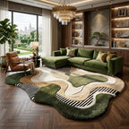 Soft Microfiber Area | Modern Irregular Abstract Olive Green Beige & Ivory Plush Shaggy Carpet