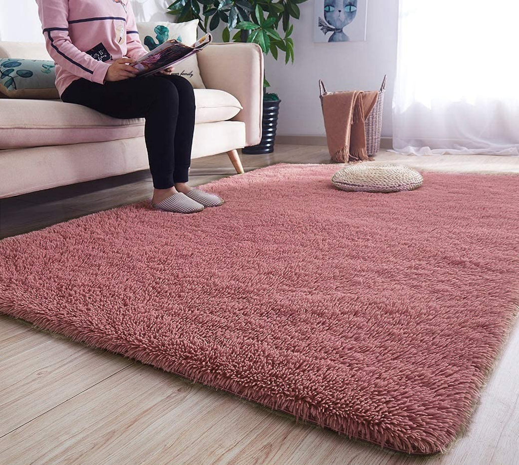 Rectangular Soft Pink Color Hand woven Plain California Premium Shaggy Carpets