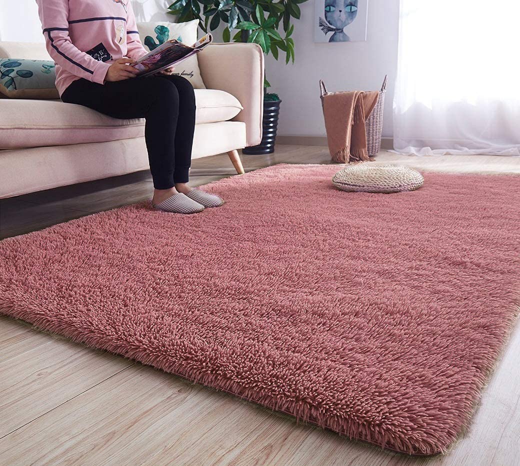 Rectangular Soft Pink Color Hand woven Plain California Premium Shaggy Carpets