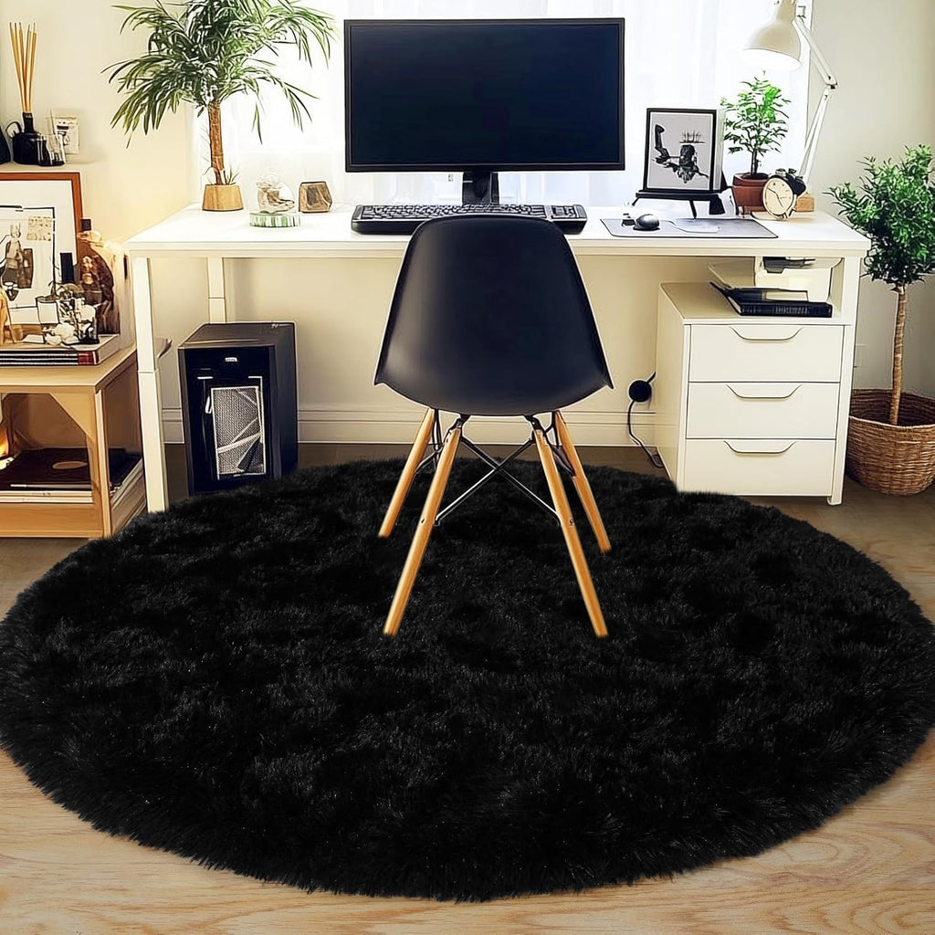 Soft Premium Polyester Black Fluffy Rug | Anti-Skid Small Area Shaggy Carpet