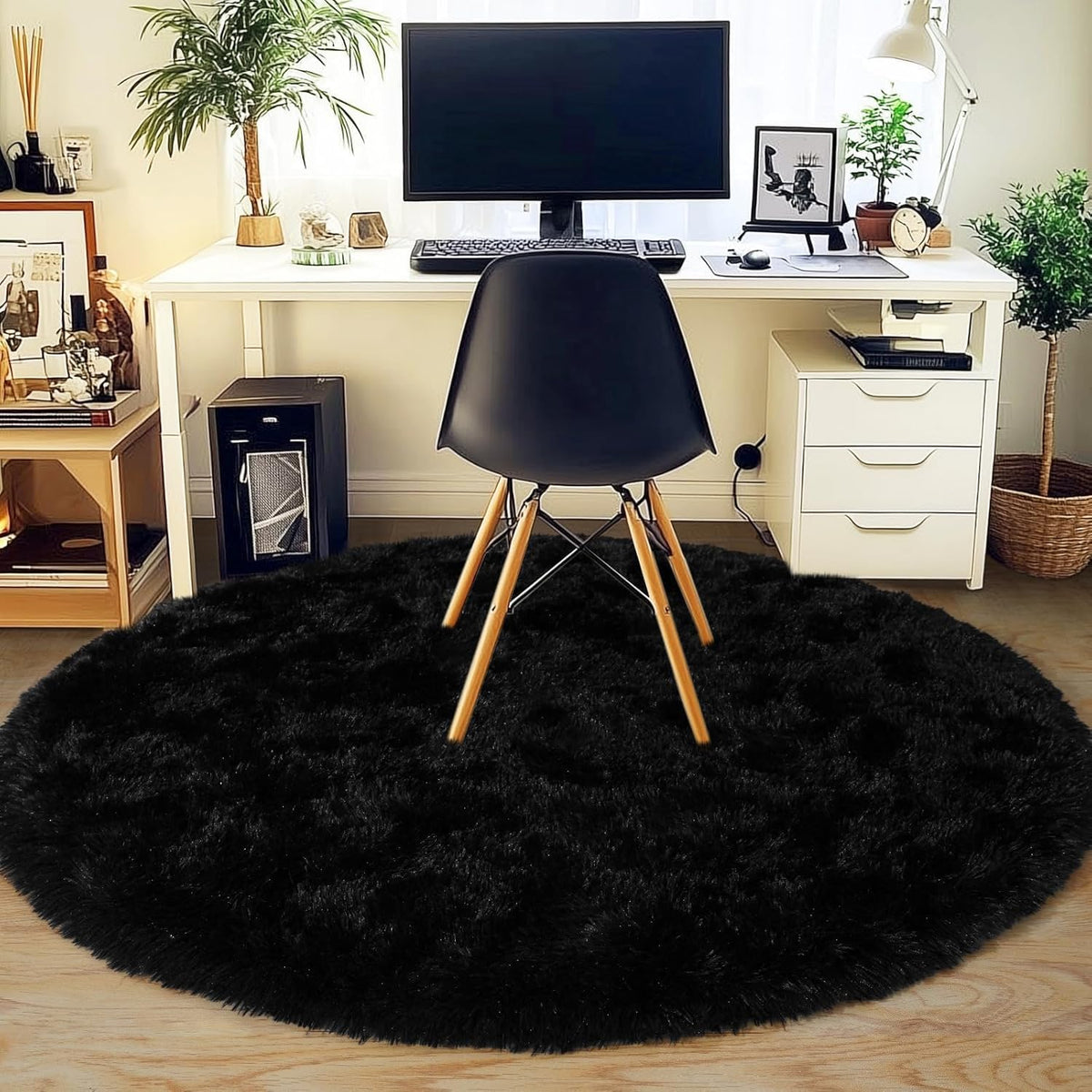Soft Premium Polyester Black Fluffy Rug | Anti-Skid Small Area Shaggy Carpet