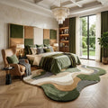 Soft Microfiber Area | Modern Irregular Abstract Olive Green Beige & Ivory Plush Shaggy Carpet