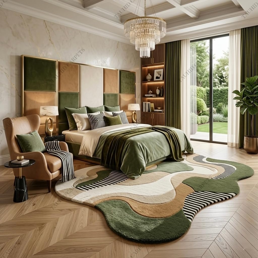 Soft Microfiber Area | Modern Irregular Abstract Olive Green Beige & Ivory Plush Shaggy Carpet