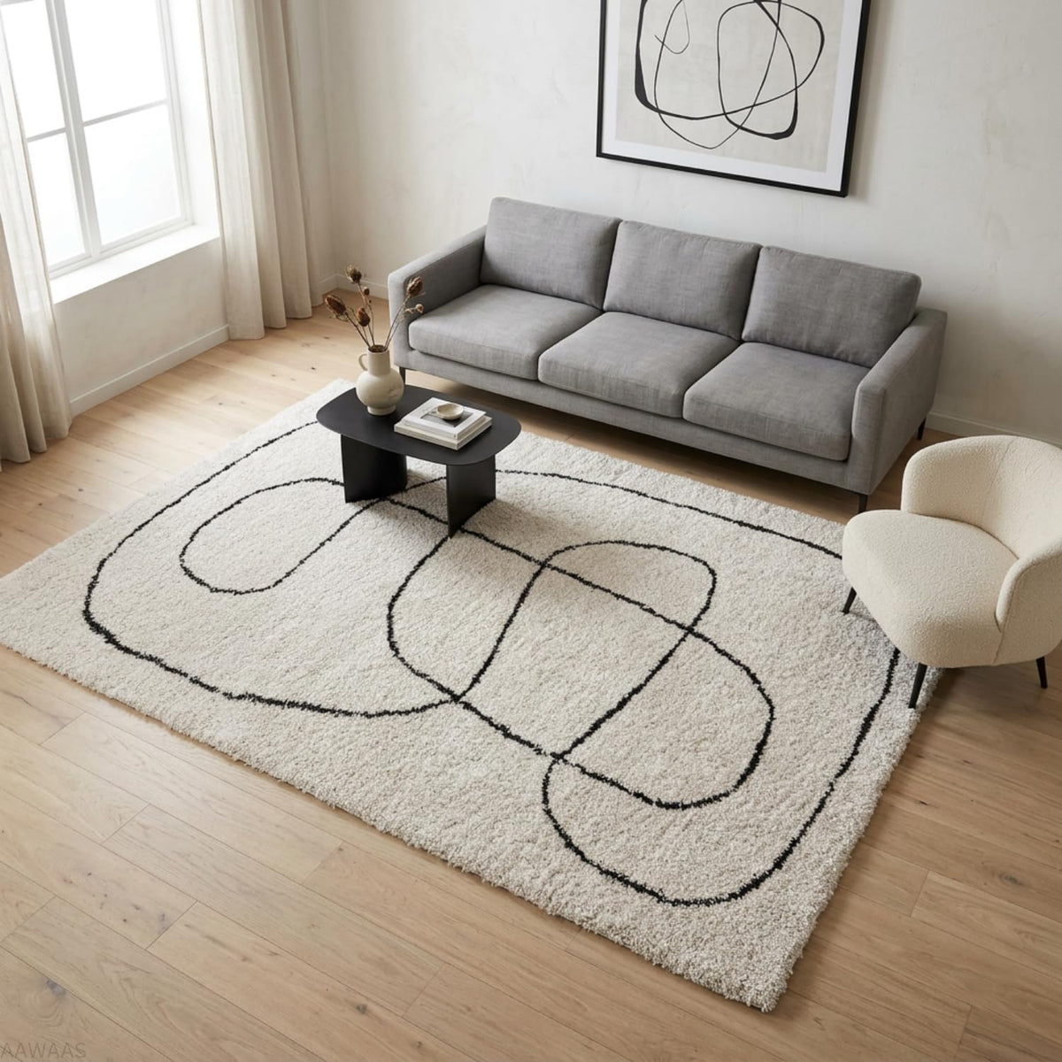 Luxury Abstract Mat High-Pile Polyester Microfiber White Shaggy Carpet
