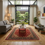 A styled living room with a large red and beige patterned area rug on a light wood floor, featuring a gray sofa, wooden coffee table, plants, and a glass door opening to a landscaped garden.