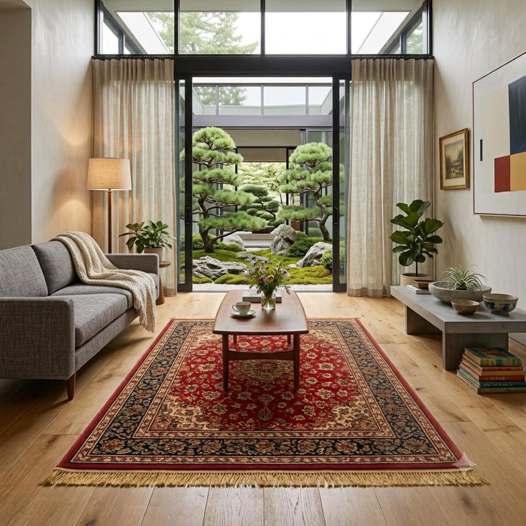 A styled living room with a large red and beige patterned area rug on a light wood floor, featuring a gray sofa, wooden coffee table, plants, and a glass door opening to a landscaped garden.