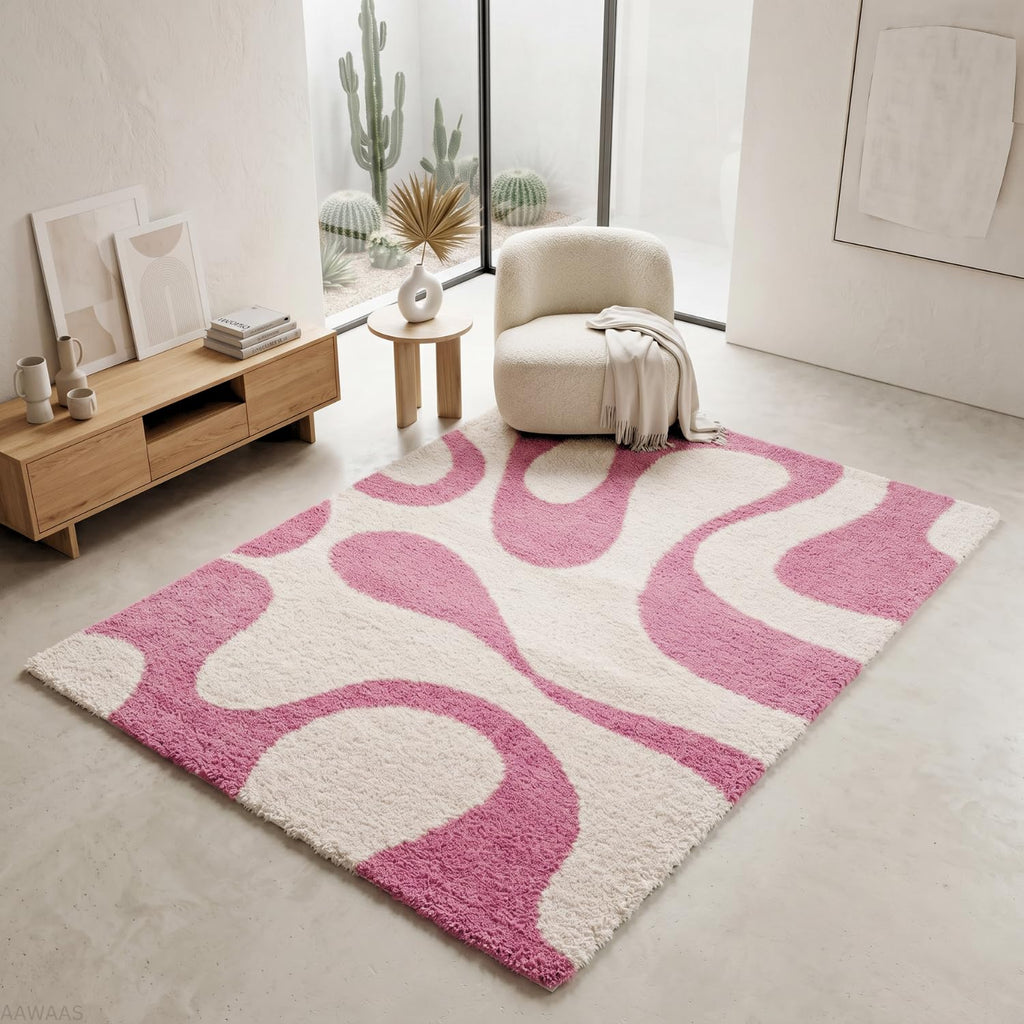 Abstract Area Mat High-Pile Polyester Microfiber Pink Shaggy Carpet