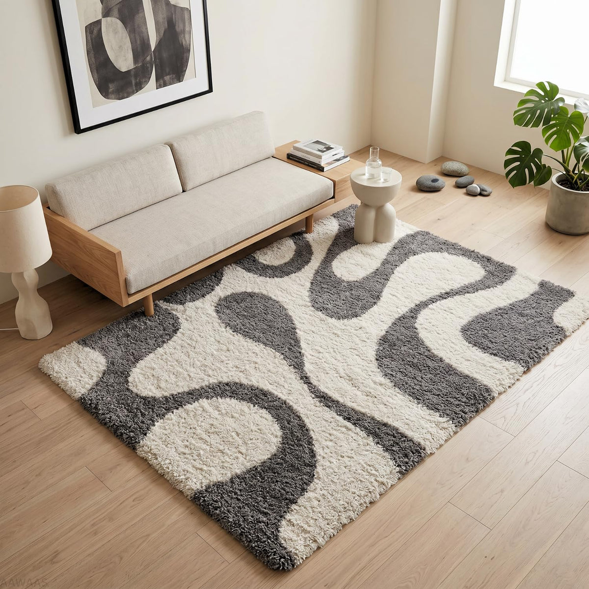 Luxury Abstract Mat High-Pile Polyester Microfiber Brown & White Shaggy Carpet