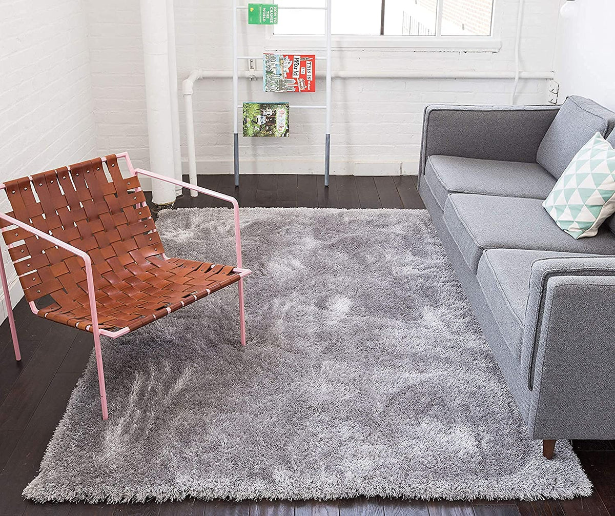Rectangular Silver Microfiber Anti Skid Soft Fluffy Area Shaggy Carpet
