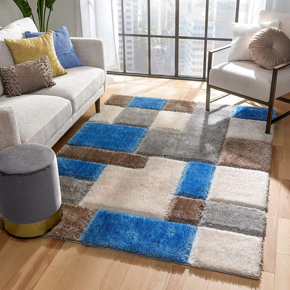 Rectangular Sky Ivory Microfiber Anti Skid Soft Fluffy Area Shaggy Carpet