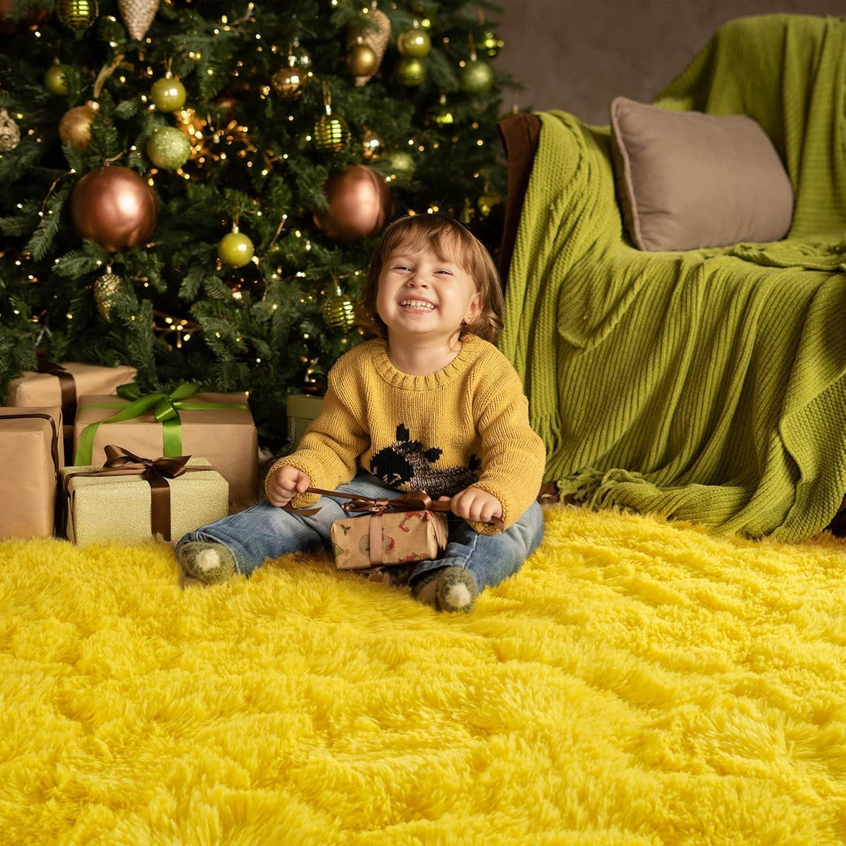 Soft Premium Polyester Yellow Fluffy Rug | Anti-Skid Small Area Shaggy Carpet