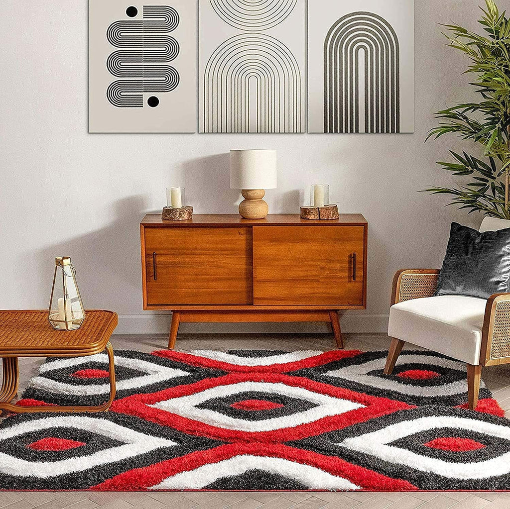 Rectangular Red Black Microfiber Anti Skid Soft Fluffy Area Shaggy Carpet