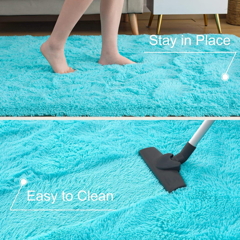 Soft Premium Polyester Sky Blue Fluffy Rug | Anti-Skid Small Area Shaggy Carpet