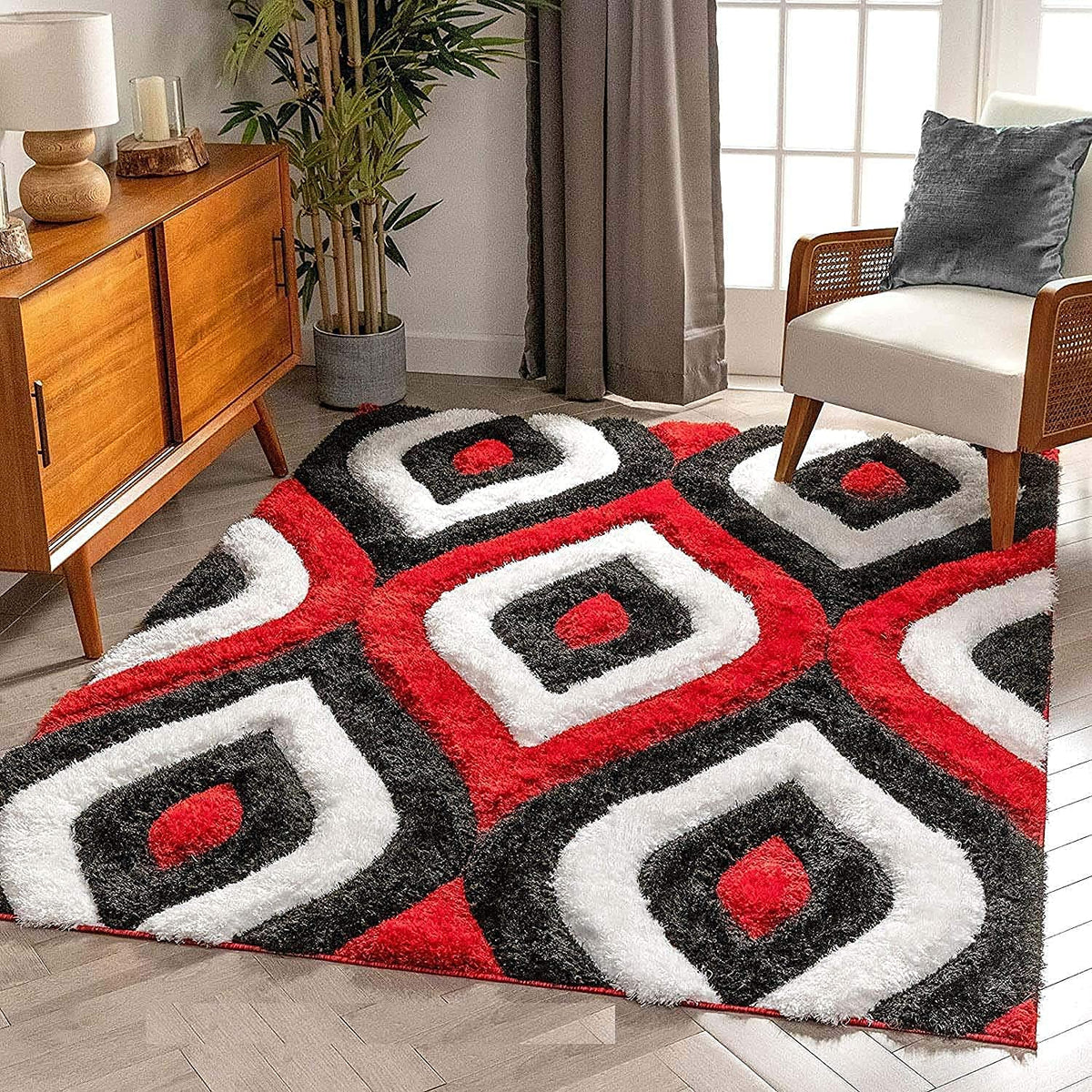 Rectangular Red Black Microfiber Anti Skid Soft Fluffy Area Shaggy Carpet