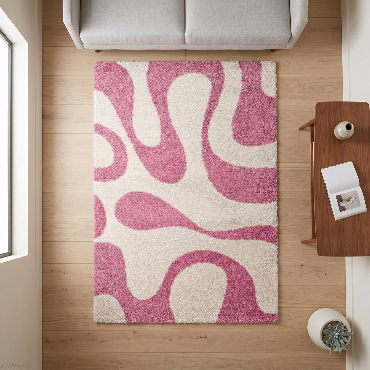 Abstract Area Mat High-Pile Polyester Microfiber Pink Shaggy Carpet