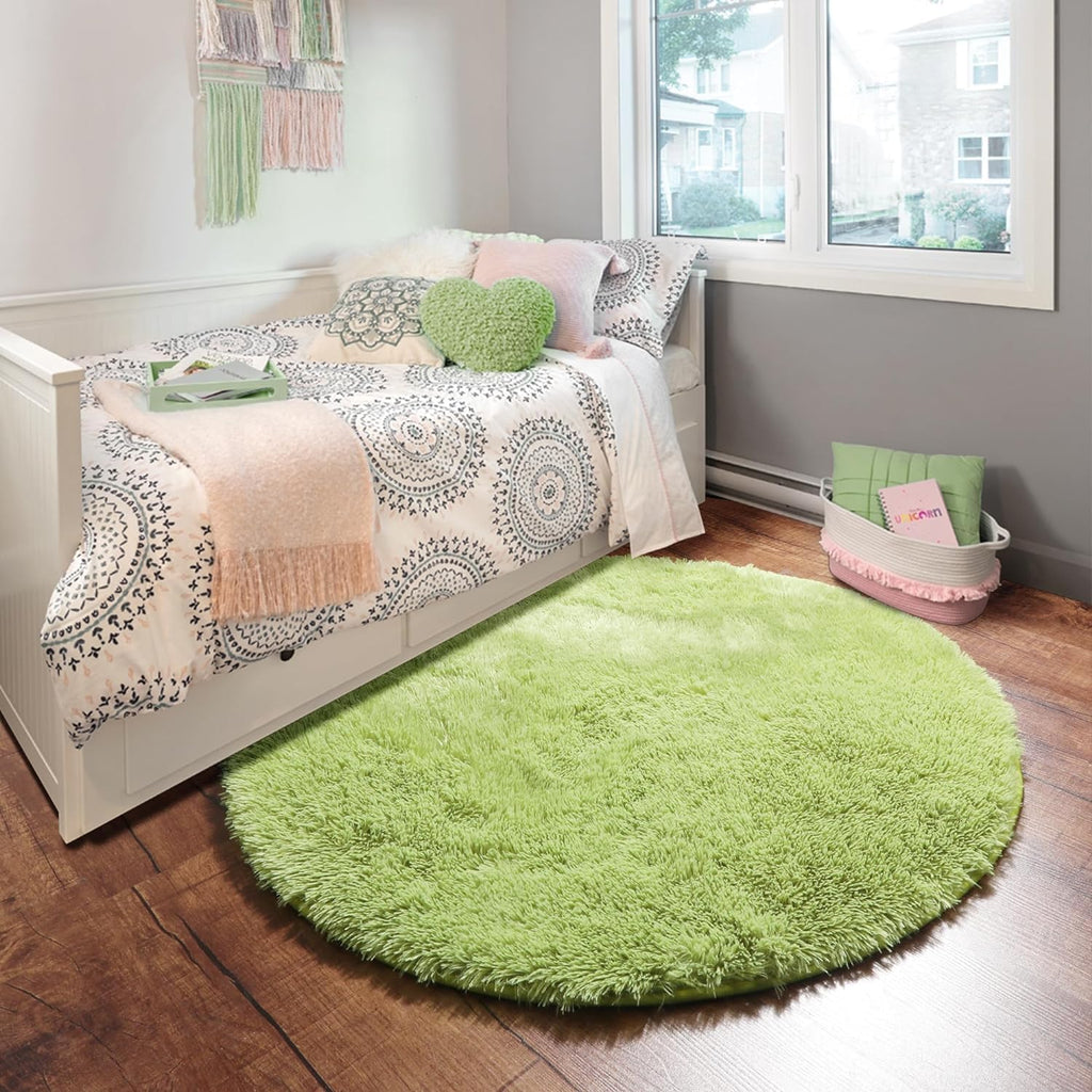 Soft Premium Polyester Green Fluffy Rug | Anti-Skid Small Area Shaggy Carpet