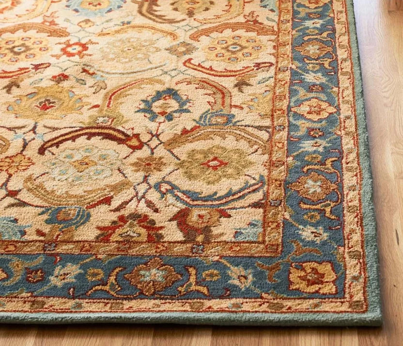 Vintage Beige Floral Border Rug Hand Tufted Carpet