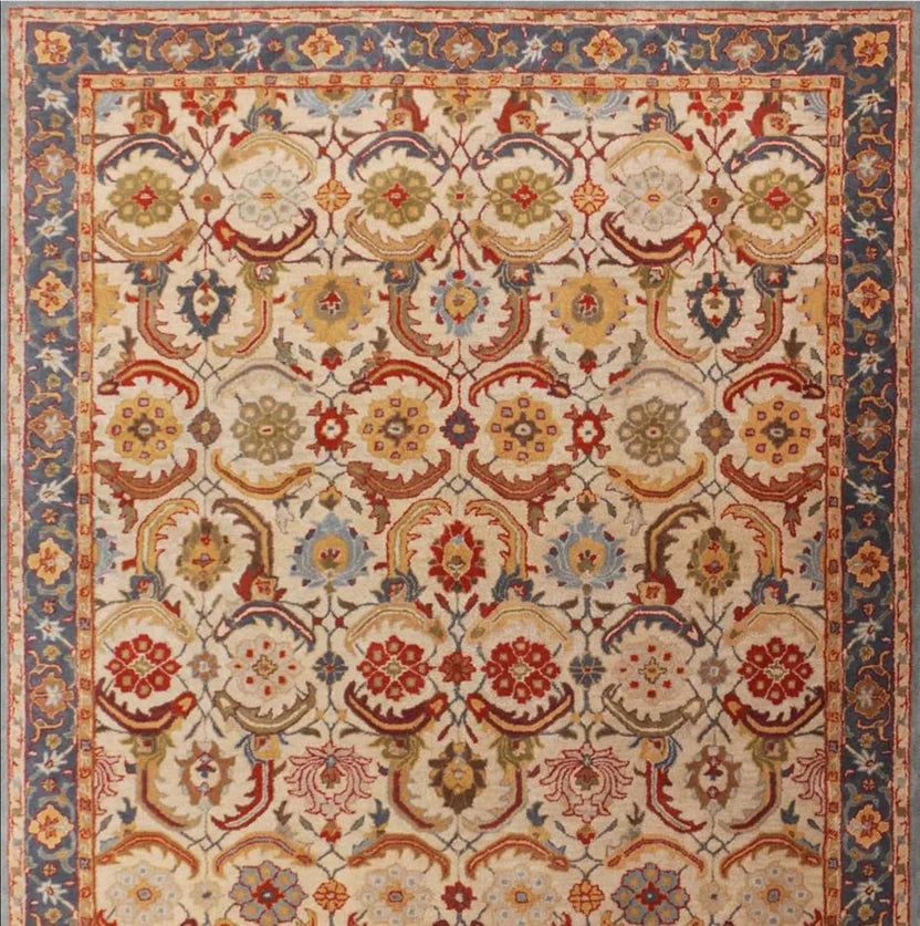 Vintage Beige Floral Border Rug Hand Tufted Carpet