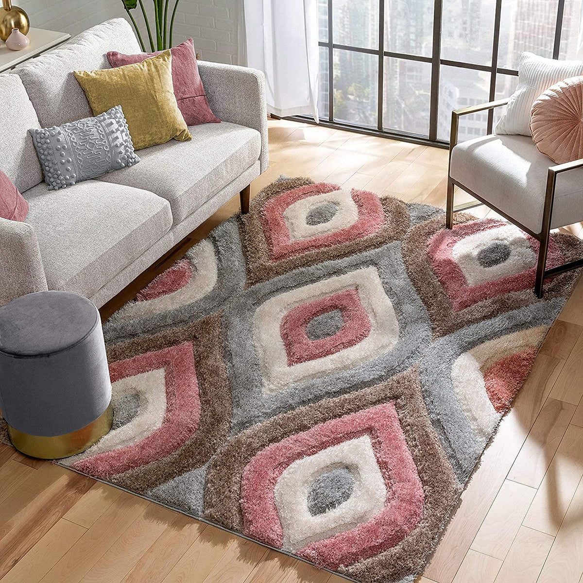 Rectangular Pich Beige Ivory Microfiber Anti Skid Soft Fluffy Area Shaggy Carpet