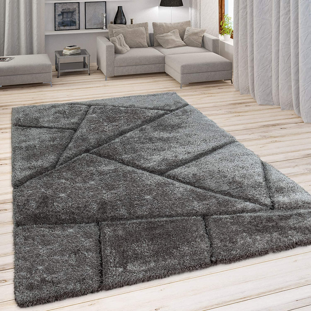Rectangular Charcoal Grey Microfiber Anti Skid Soft Fluffy Area Shaggy Carpet