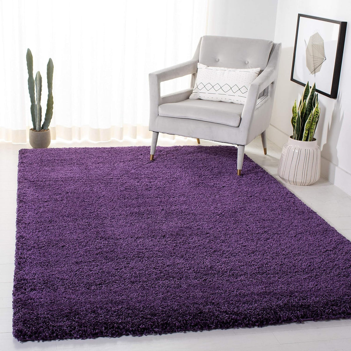 Rectangular Soft Purple Color Hand woven Plain California Premium Shaggy Carpets