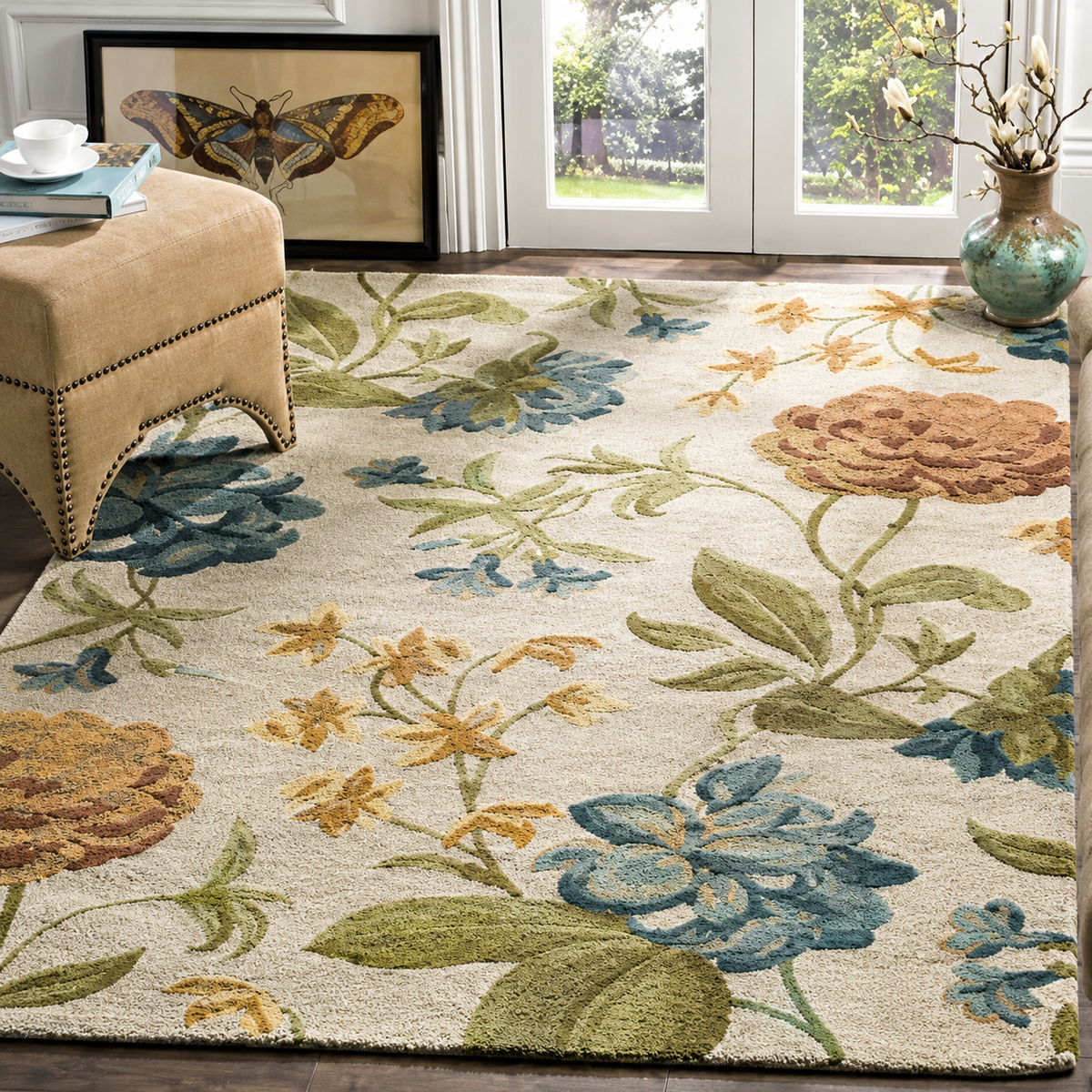 Textured Floral Rug on Wooden Floor Hand Tufted Carpets