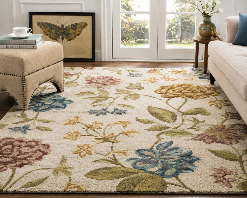 Textured Floral Rug on Wooden Floor Hand Tufted Carpets